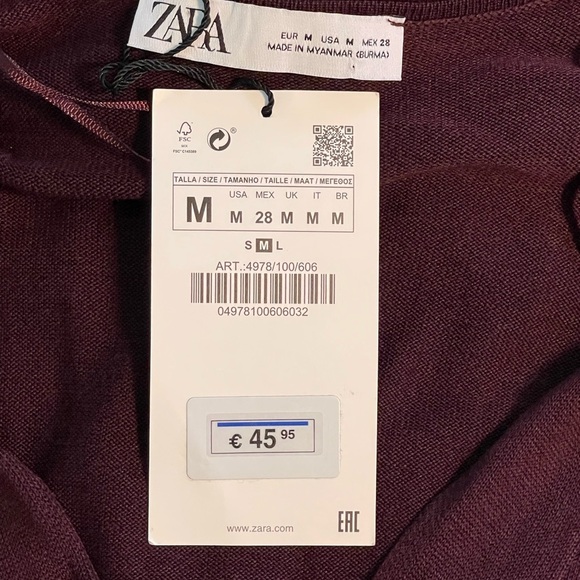 NWT Zara Form Fitting Long Sleeve V-neck Dress.  Size Medium.  Red/Brown - Picture 3 of 5